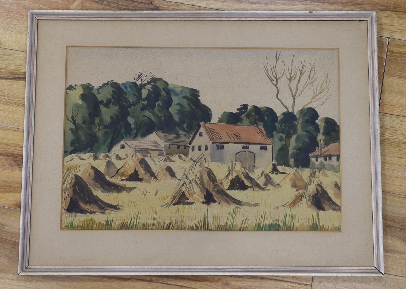 M R Robertson, Modern British School, watercolour, a farmyard landscape, 36 x 56cm